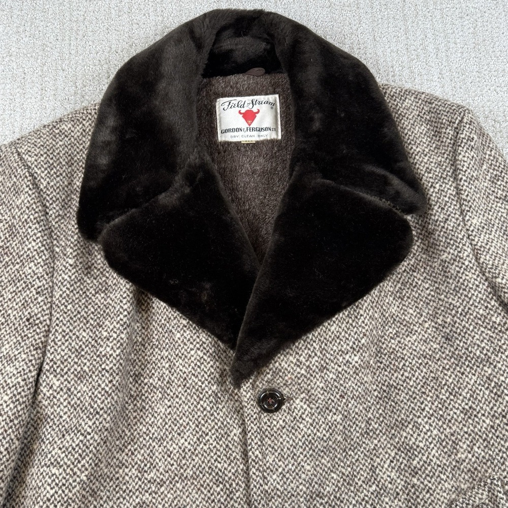 Vtg Field & Stream Men's 40 Gordon Ferguson Beige Wool Faux Fur Lined Overcoat